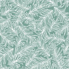 Fototapeta na wymiar Vector fir tree branches seamless pattern. Light green simple Christmas illustration. Hand-drawn design.
