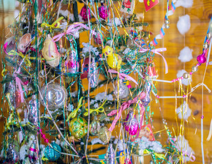 Christmas new year decor-Christmas trees, bright and shiny beautiful handmade balls, streamers. New year mood. Background.