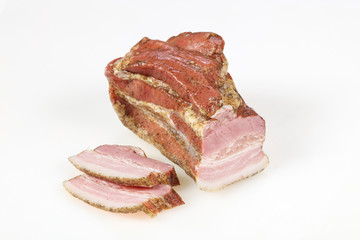 Smoked pork meat over white background