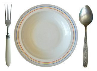 Dinner Set. Plate, Spoon and Fork Isolated