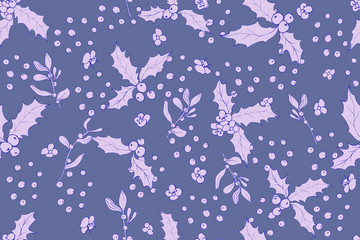 Fototapeta na wymiar Seamless pattern with holly berries, flowers and leaves on blue background. For festive Christmas design, wrapping paper, textile, greeting cards. Vector.