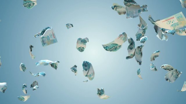 Brazil Reais currency flying in slow motion, against blue gradient