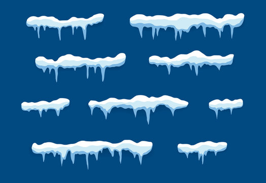 Snow caps, drifts winter. Frozen icicle, snowballs on roof. Frozen snow effect in flat style. Christmas snowy decoration cartoon. Frost, snowcap top. Ice cap frame on isolated background. vector