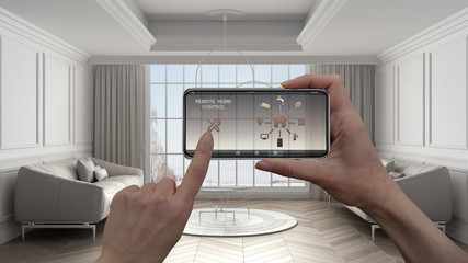 Remote home control system on a digital smart phone tablet. Device with app icons. Interior design...