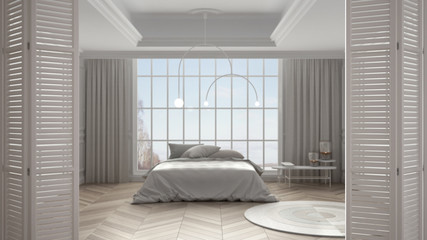 White folding door opening on classic luxury contemporary bedroom with big panoramic window with winter panorama, interior design, architect designer concept, blur background