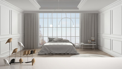 White table top or shelf with minimalistic bird ornament, birdie knick - knack over blurred classic luxury bedroom with master bed and big panoramic window, modern interior design