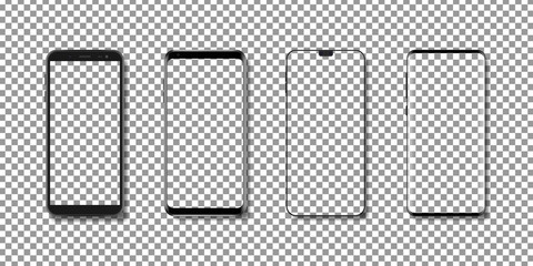 Realistic smartphones with transparent screen. Set of modern smartphone mockup. Vector mockup isolated on transparent background.