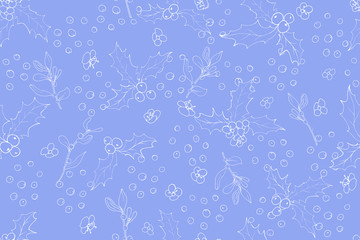 Christmas seamless pattern with holly berries, flowers and leaves on blue background. White outline drawing. Monochrome. For festive design, wrapping paper, textile, greeting cards. Vector.