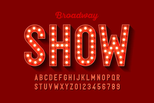 Broadway style retro light bulb font, vintage alphabet letters and numbers