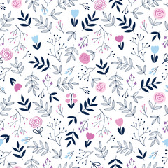 Cute floral seamless pattern with hand drawn flowers and leaves for textile, wallpapers, gift wrap and scrapbook. Vector illustration.