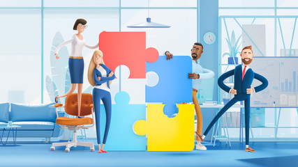 People connecting puzzle elements. 3d illustration.  Cartoon characters. Business teamwork concept on white background.