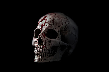 Human skull in blood isolated on black background with clipping path