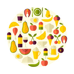 Round shape food, sweets and drink background, flat style. Menu pattern.