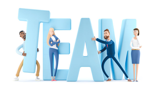 3d illustration.  Cartoon characters. Business teamwork concept. The employees together build the word teamwork.