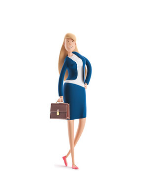 3d illustration. Young business woman Emma standing with briefcase on a white background.