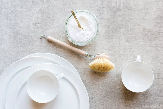Crockery and cleaning brush