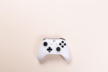 White joystick gamepad, game console isolated on white background. Computer gaming technology play competition videogame control confrontation concept. Cyberspace symbol