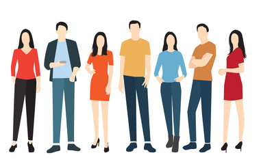 Obraz premium Silhouettes of men and women in summer clothes of different colors, cartoon character, a group of standing and walking business people, the design concept of flat icons isolated on a white background