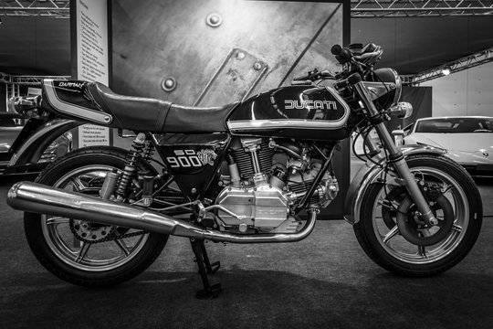 STUTTGART, GERMANY - MARCH 03, 2017: Motorcycle Ducati SD900 Darmah, 1979. Black and white. Europe's greatest classic car exhibition "RETRO CLASSICS"
