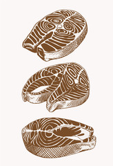 Graphical vintage set of salmon slices , sepia vector illustration