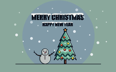 Merry Christmas, Happy New Year card. Snowman and Christmas tree decorated with balls and stars. Snowing scene. blue tiffany background.
