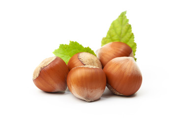 Hazelnut nut many leaves isolated on a white background as a packaging design element