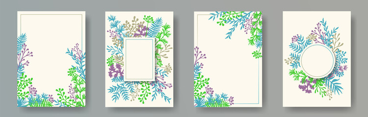 Watercolor herb twigs, tree branches, leaves floral invitation cards collection. Plants borders elegant invitation cards with dandelion flowers, fern, mistletoe, olive tree leaves, sage twigs.