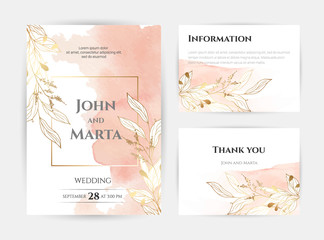 Obraz na płótnie Canvas wedding invitation templates. Cover design with gold ornaments. set with hand drawn watercolor background. Trendy templates for banner, flyer, poster, greeting. eps10