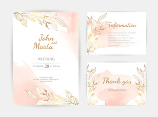 wedding invitation templates. Cover design with gold ornaments. set with hand drawn watercolor background. Trendy templates for banner, flyer, poster, greeting. eps10