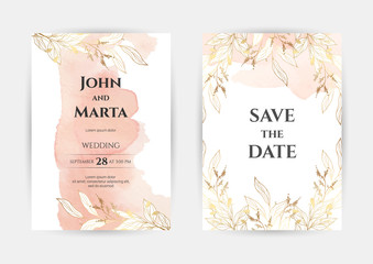 wedding invitation templates. Cover design with gold ornaments. set with hand drawn watercolor background. Trendy templates for banner, flyer, poster, greeting. eps10