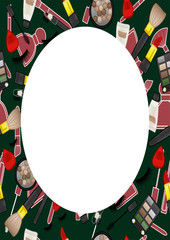 White oval copy space on green background with beauty products pattern