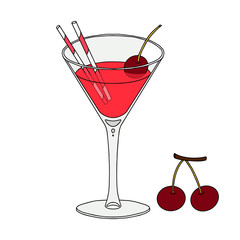 Color vector illustration. Cocktail in a glass on a thin leg with cherries. Alcoholic drink. Illustration for menu design. Object is hand-drawn and isolated on a white background