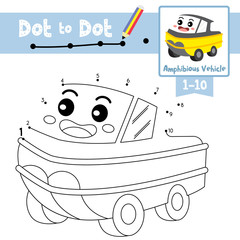 Dot to dot educational game and Coloring book Amphibious Vehicle cartoon character perspective view vector illustration