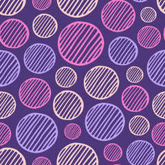 Abstract seamless pattern of hand drawn striped circles. Color vector background.