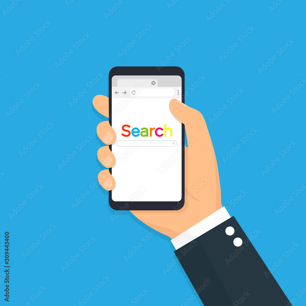 Poster phone with with open browser. phone with browser and search bar. flat icon