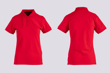 red womens blank polo shirt, front and back view isolated on white on invisible mannequin