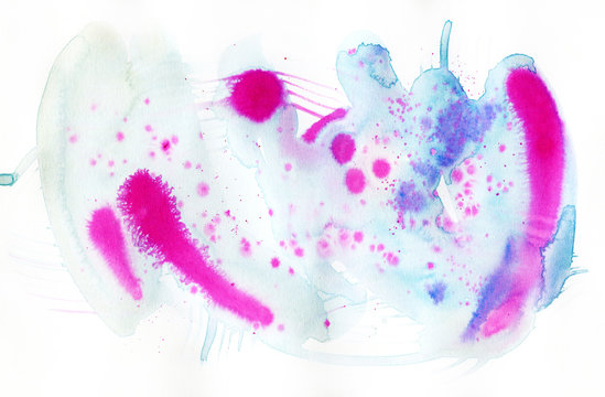 Original watercolor and ink abstract painting in light-blue and bright pink colors
