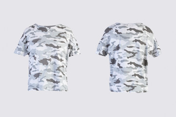 camo female t-shirt Isolated on white background front and back rear view on invisible mannequin