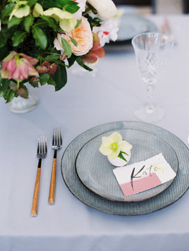 Kitchen and beautiful table set in room. Beautiful table setting for Easter