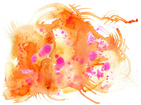 Bright orange and pink watercolor and ink abstract art isolated on white background