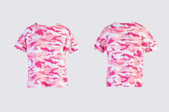camo female t-shirt Isolated on white background front and back rear view on invisible mannequin
