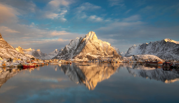 Panorama view of Reine at sunrise in winter
