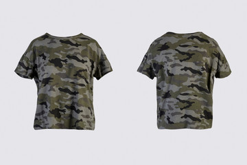 camo female t-shirt Isolated on white background front and back rear view on invisible mannequin