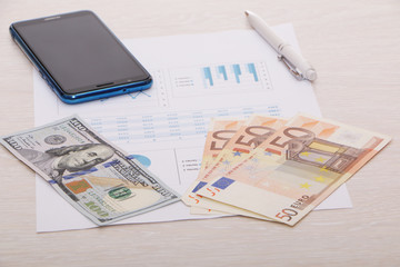 On the table in the office are charts, a smartphone and money