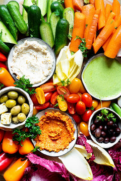 Assorted Raw Vegetable Appetizer Platter with three dips
