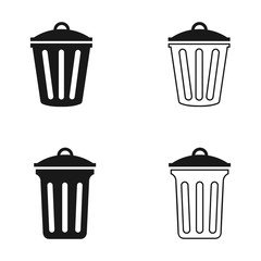 Vector black trash can icons set, Black illustration isolated for graphic and web design.