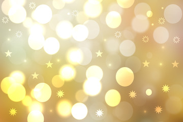 Obraz premium Christmas card template. Abstract festive golden yellow white winter xmas or New Year background texture with blurred bokeh lights and stars. Beautiful backdrop.