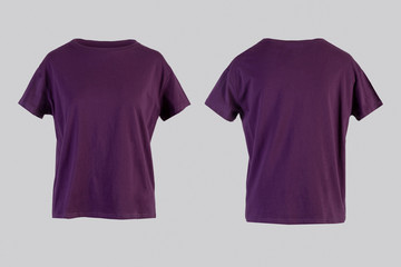 Blank purple female t-shirt Isolated on white background front and back rear view on invisible...