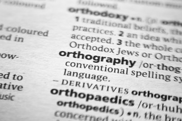 Word or phrase Orthography in a dictionary.