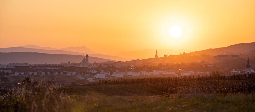 Panaoramic sunset view of Eisenstadt, Burgenland in Austria during golden hour
